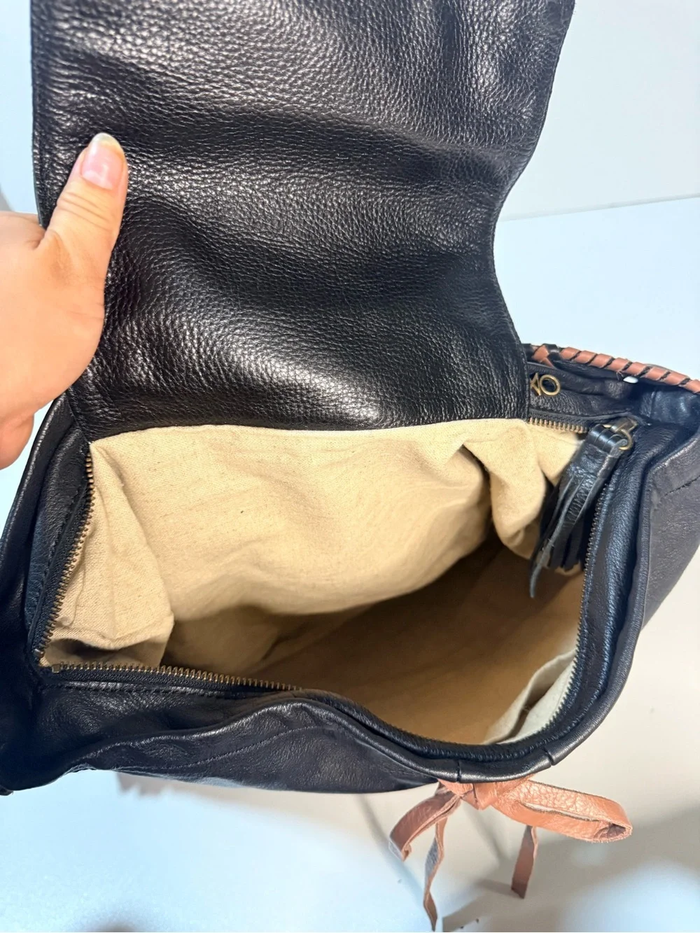 Muxo Black Leather Shoulder Hobo Bag with Brown Trim